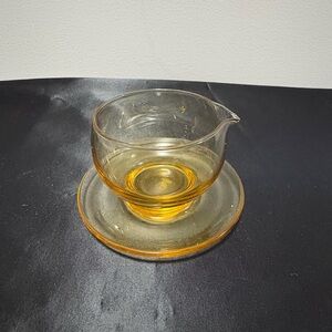 Amber Glass Creamer with Attached Saucer